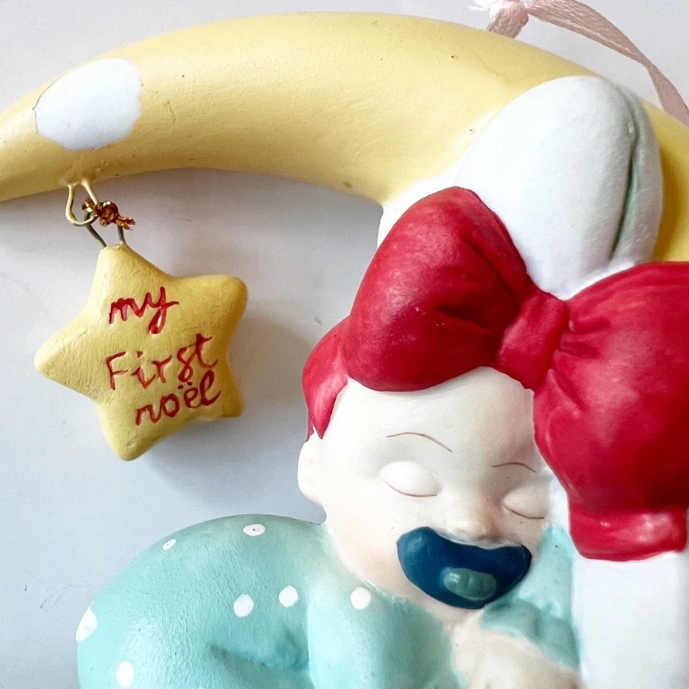 Vintage Silvestri Sleeping Baby Girl Ornament My First Noel Red Bow Moon Holiday